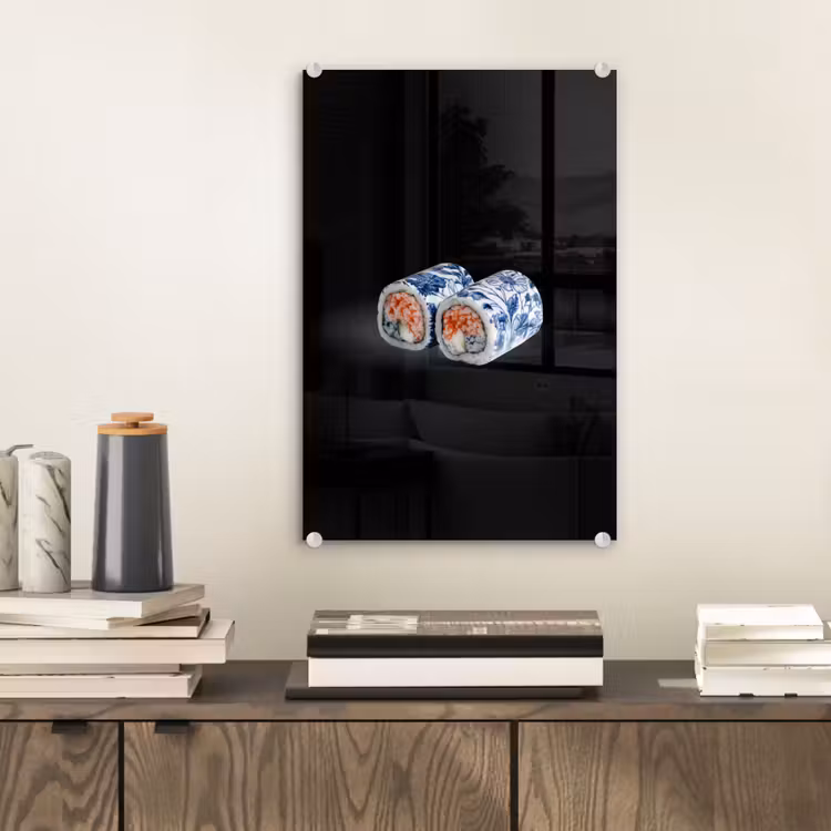 Glas schilderij - Sushi - Delfts blauw - Rijst - Vis - Elegant — 2