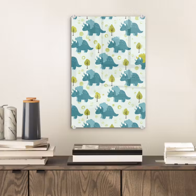Glas schilderij - Triceratop - Blauw - Stippen - Boompjes — 2