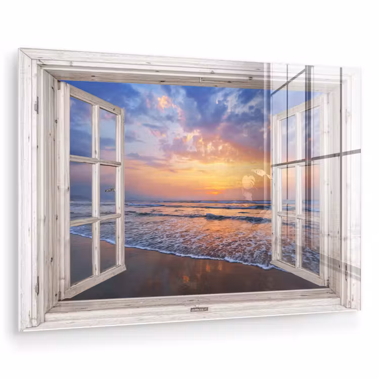 Glas schilderij - Doorkijk - Zee - Strand - Zonsondergang - Blauw — 1