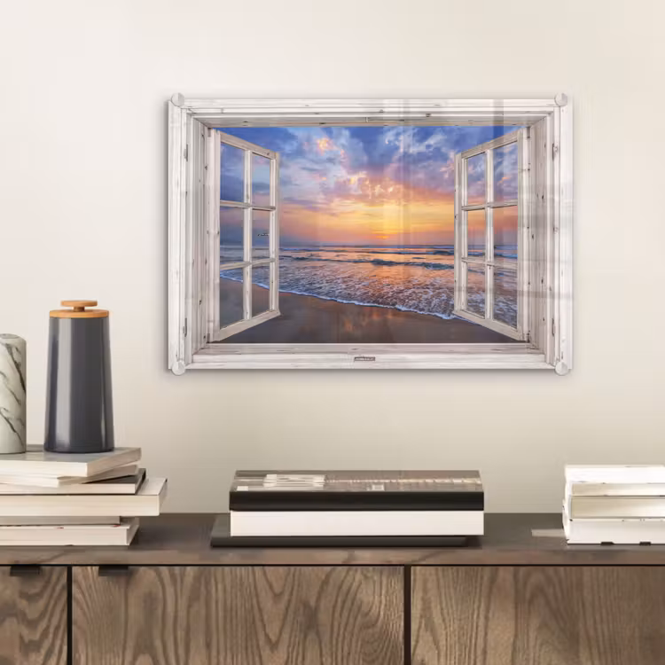 Glas schilderij - Doorkijk - Zee - Strand - Zonsondergang - Blauw — 2