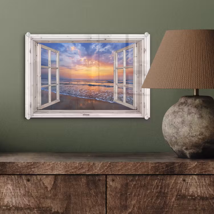 Glas schilderij - Doorkijk - Zee - Strand - Zonsondergang - Blauw — 4