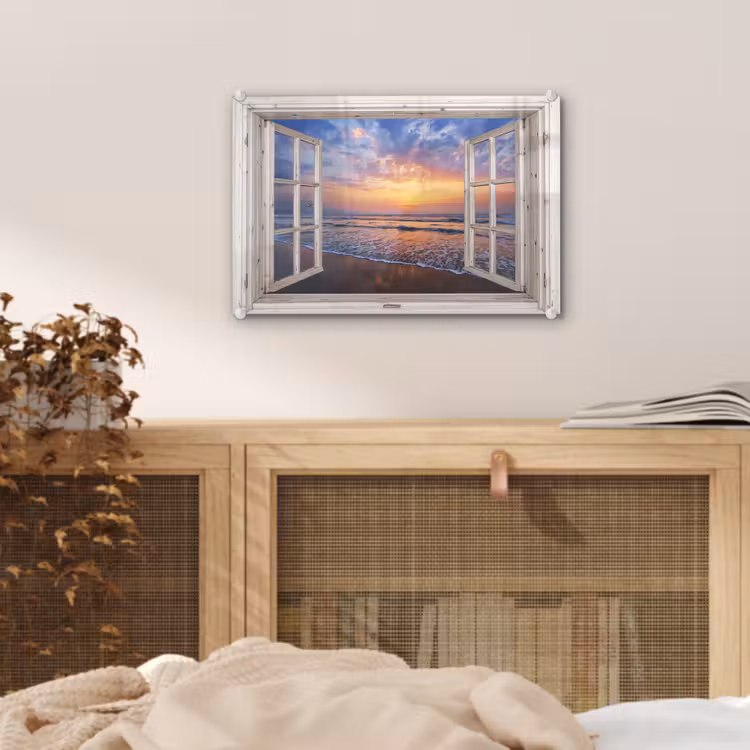 Glas schilderij - Doorkijk - Zee - Strand - Zonsondergang - Blauw — 5
