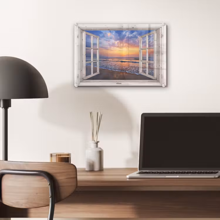 Glas schilderij - Doorkijk - Zee - Strand - Zonsondergang - Blauw — 7