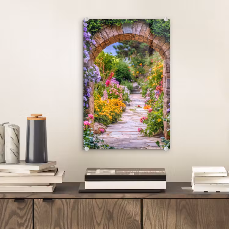 Glas schilderij - Doorkijk - Bloemen - Pad - Natuur — 2