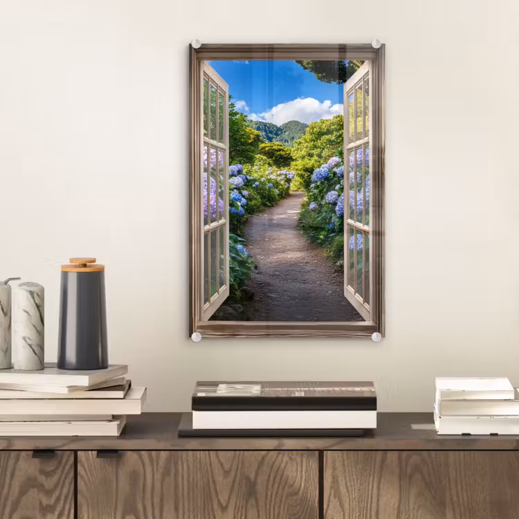 Glas schilderij - Doorkijk - Hortensia - Pad - Natuur — 2