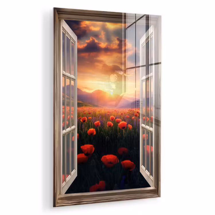 Glas schilderij - Doorkijk - Klaprozen - Bloemen - Rood - Open raam — 1