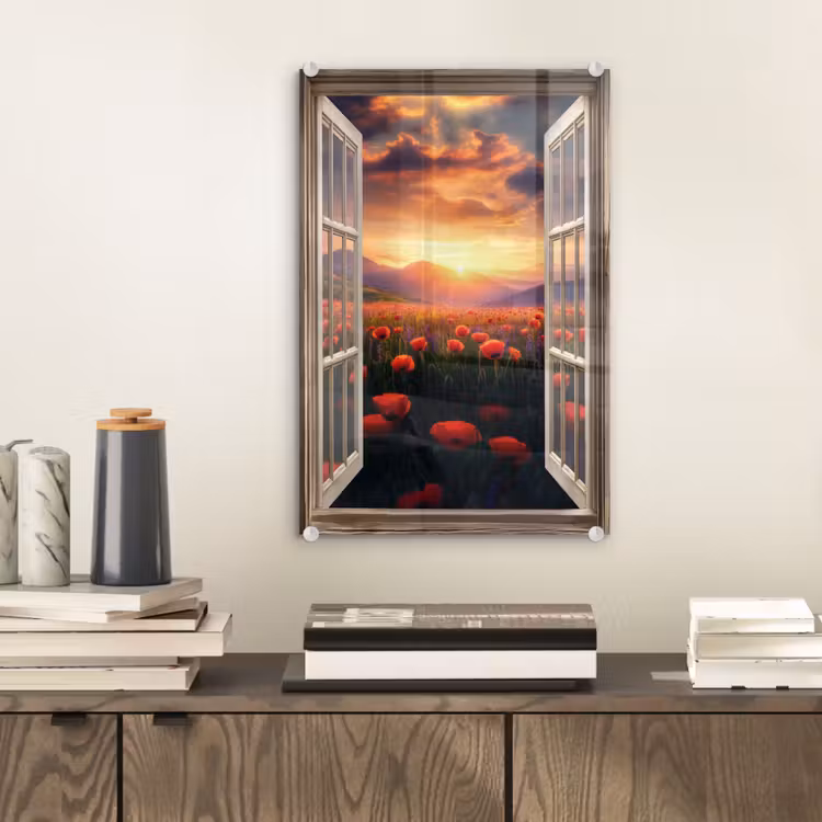 Glas schilderij - Doorkijk - Klaprozen - Bloemen - Rood - Open raam — 2