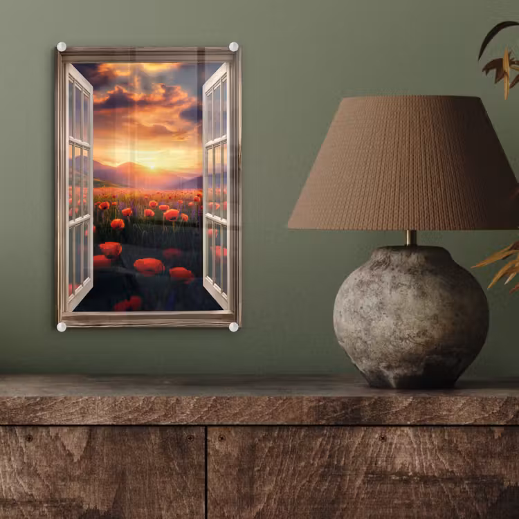 Glas schilderij - Doorkijk - Klaprozen - Bloemen - Rood - Open raam — 4
