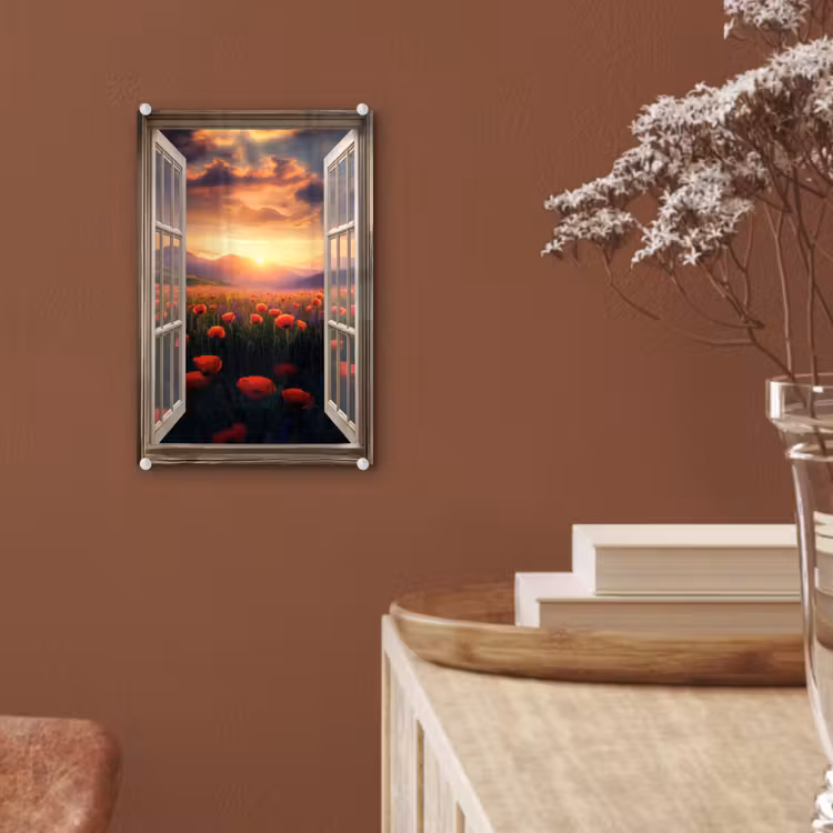Glas schilderij - Doorkijk - Klaprozen - Bloemen - Rood - Open raam — 6