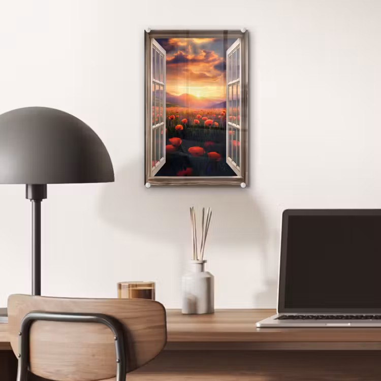 Glas schilderij - Doorkijk - Klaprozen - Bloemen - Rood - Open raam — 7