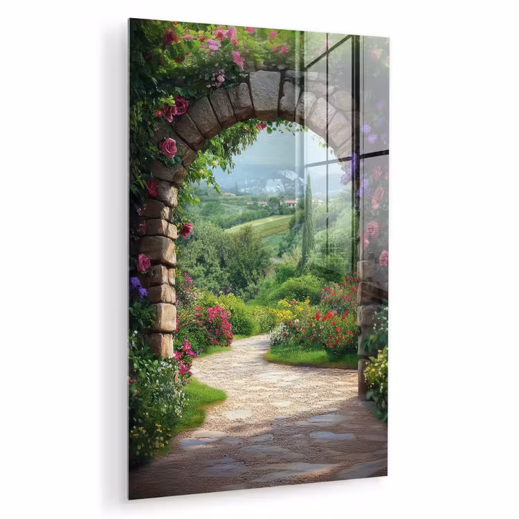 Glas schilderij - Doorkijk - Landschap - Bloemen - Pad - Uitzicht — 1