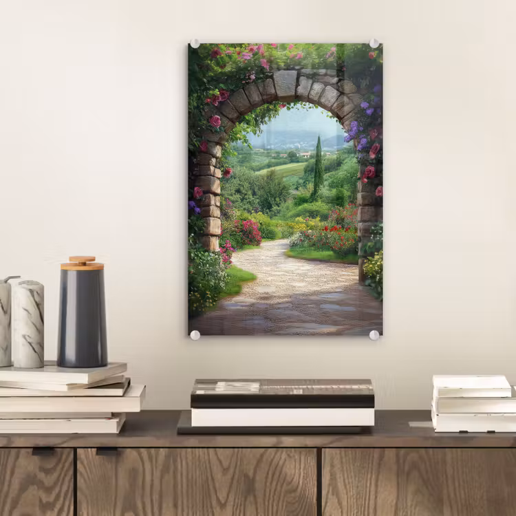 Glas schilderij - Doorkijk - Landschap - Bloemen - Pad - Uitzicht — 2