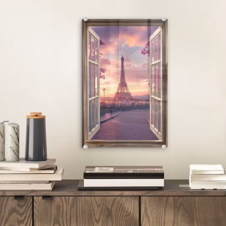 Glas schilderij - Doorkijk - Parijs - Eiffeltoren - Roze - Kersenbloesem — 2