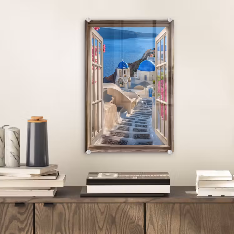 Glas schilderij - Doorkijk - Santorini - Landschap - Blauw - Grieks — 2