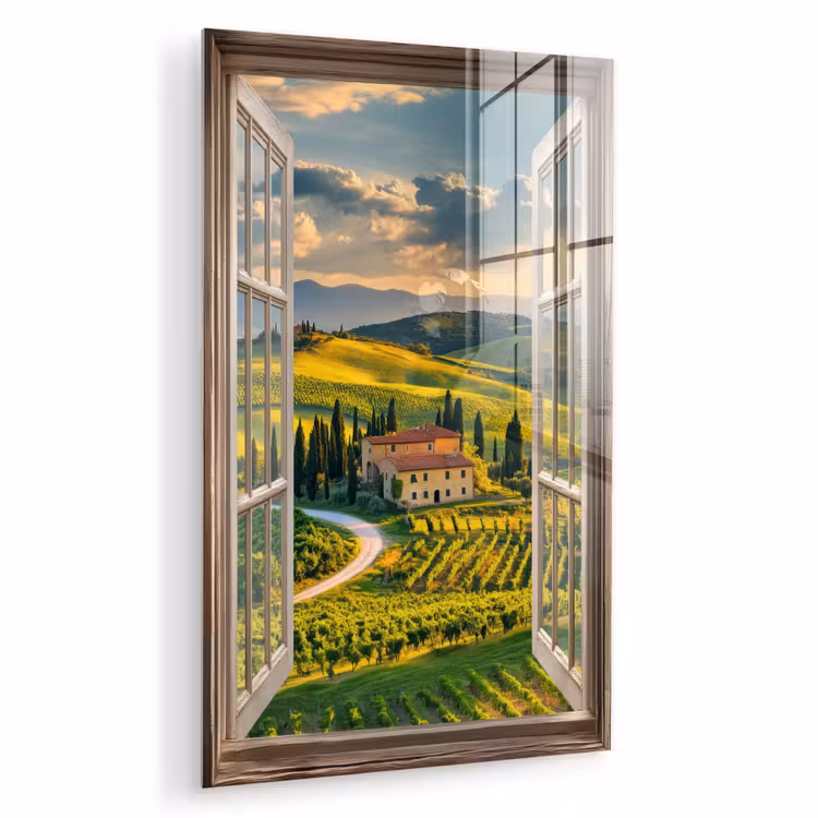 Glas schilderij - Doorkijk - Toscane - Uitzicht - Landschap - Zomer — 1
