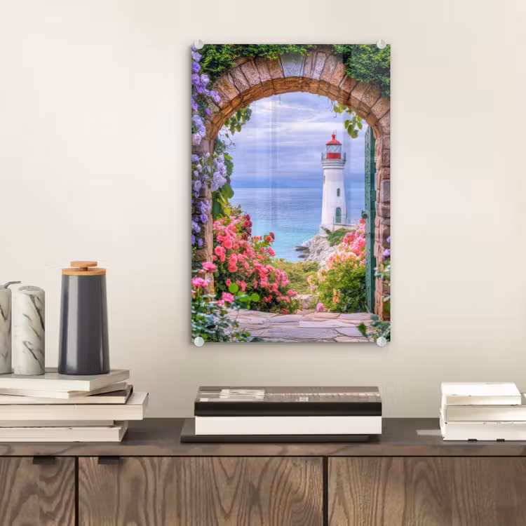 Glas schilderij - Doorkijk - Vuurtoren - Bloemen - Uitzicht — 2