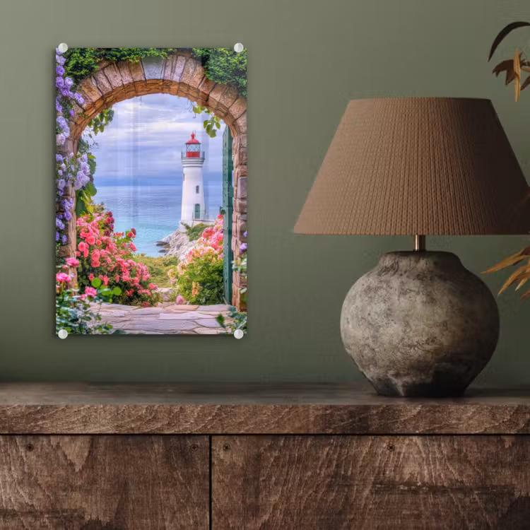 Glas schilderij - Doorkijk - Vuurtoren - Bloemen - Uitzicht — 4