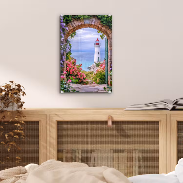 Glas schilderij - Doorkijk - Vuurtoren - Bloemen - Uitzicht — 5