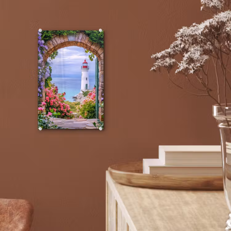 Glas schilderij - Doorkijk - Vuurtoren - Bloemen - Uitzicht — 6