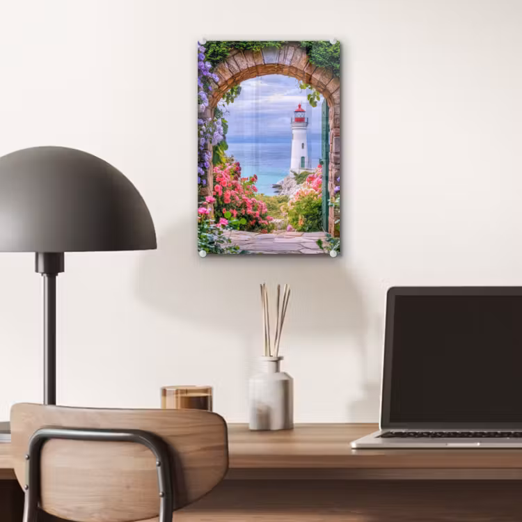 Glas schilderij - Doorkijk - Vuurtoren - Bloemen - Uitzicht — 7
