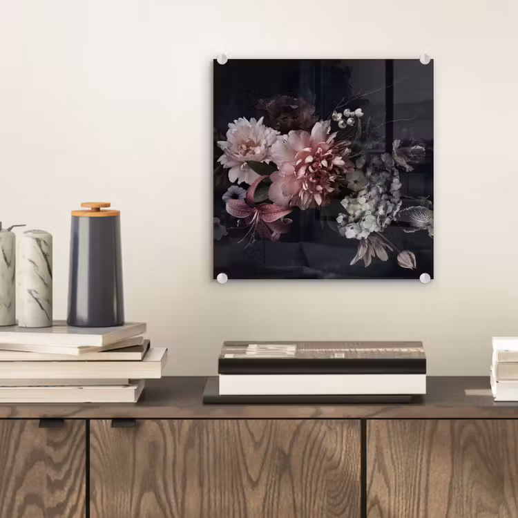 Glas schilderij - Bloemen - Vintage - Pastel - Zwart - Boeket — 2