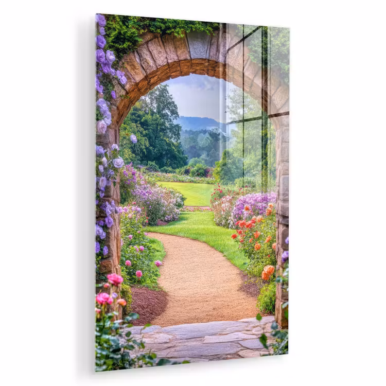 Glas schilderij - Doorkijk - Poort - Bloemen - Tuin — 1