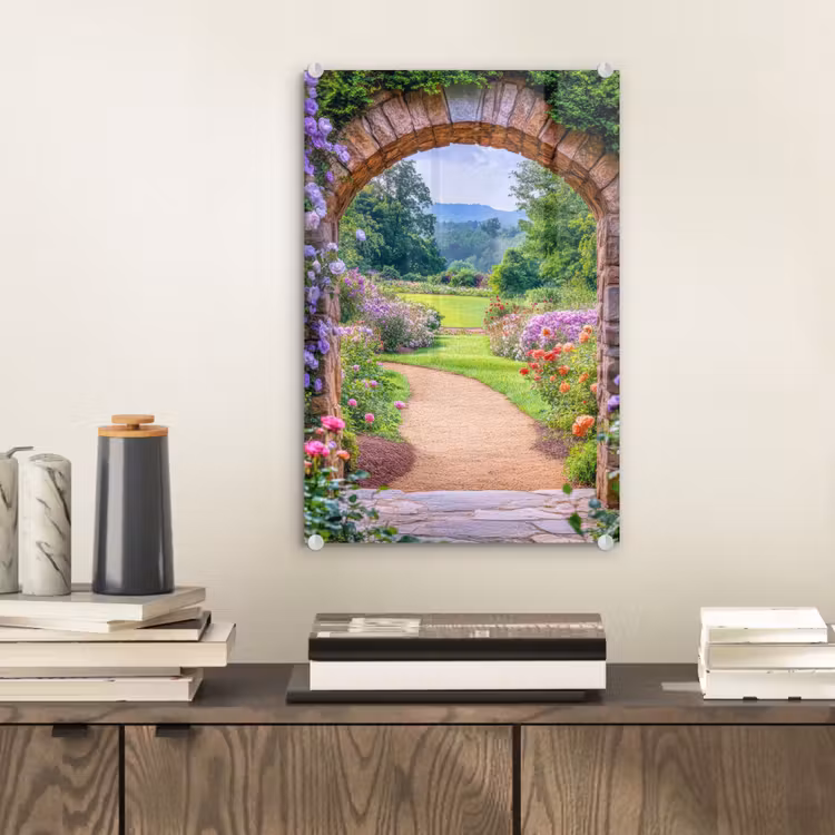 Glas schilderij - Doorkijk - Poort - Bloemen - Tuin — 2