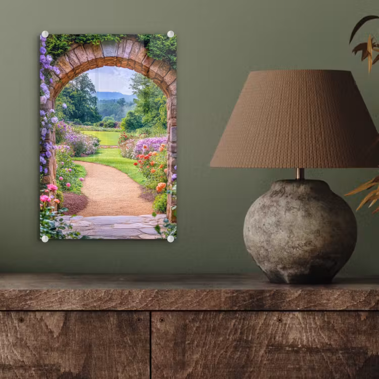Glas schilderij - Doorkijk - Poort - Bloemen - Tuin — 4