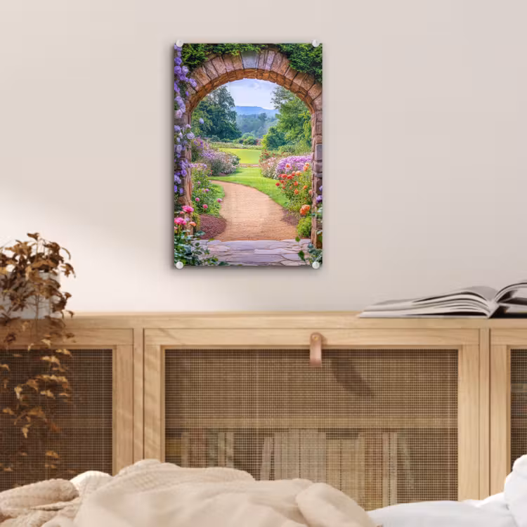 Glas schilderij - Doorkijk - Poort - Bloemen - Tuin — 5