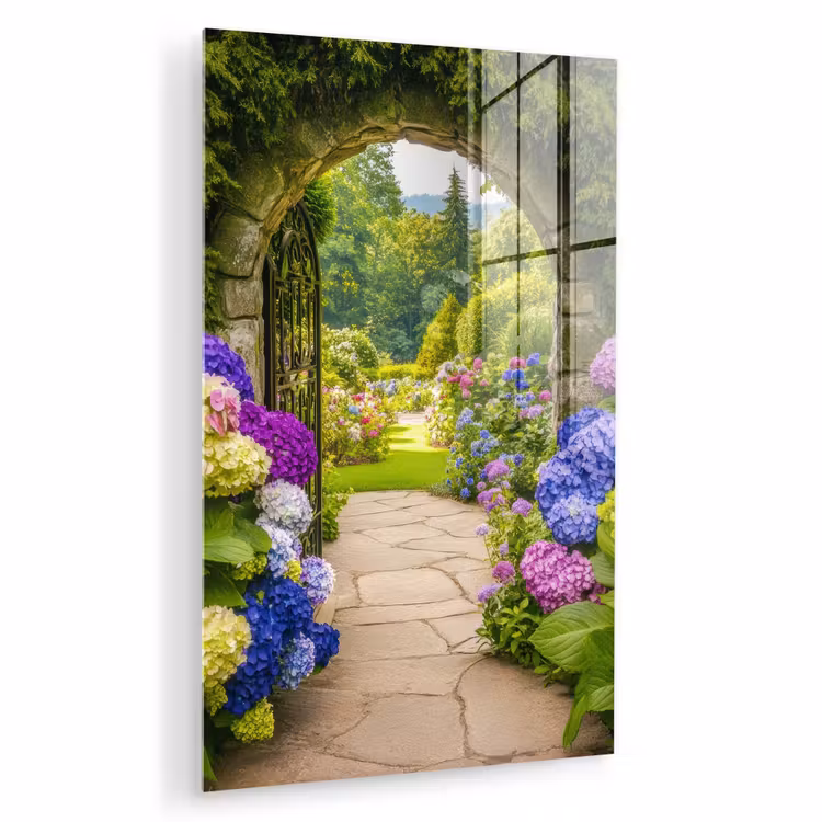 Glas schilderij - Doorkijk - Poort - Hortensia - Bloementuin — 1