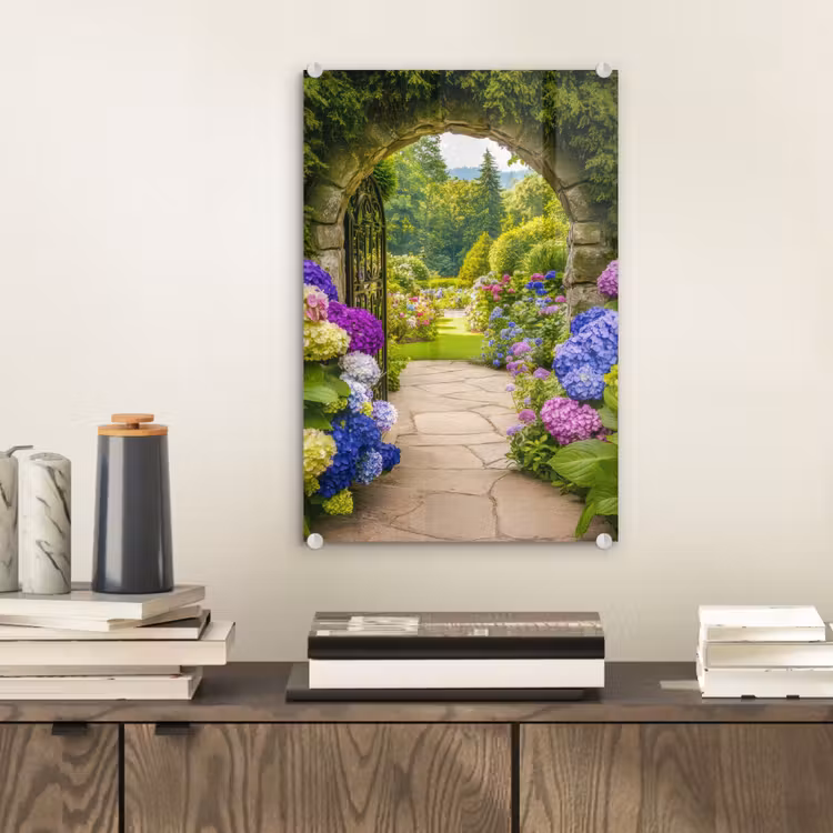 Glas schilderij - Doorkijk - Poort - Hortensia - Bloementuin — 2