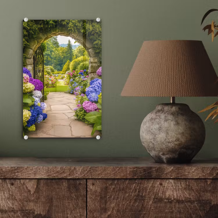 Glas schilderij - Doorkijk - Poort - Hortensia - Bloementuin — 4