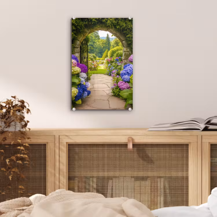 Glas schilderij - Doorkijk - Poort - Hortensia - Bloementuin — 5