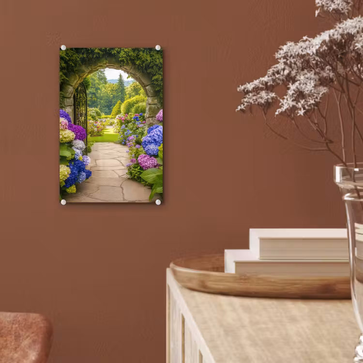 Glas schilderij - Doorkijk - Poort - Hortensia - Bloementuin — 6