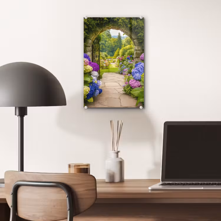 Glas schilderij - Doorkijk - Poort - Hortensia - Bloementuin — 7