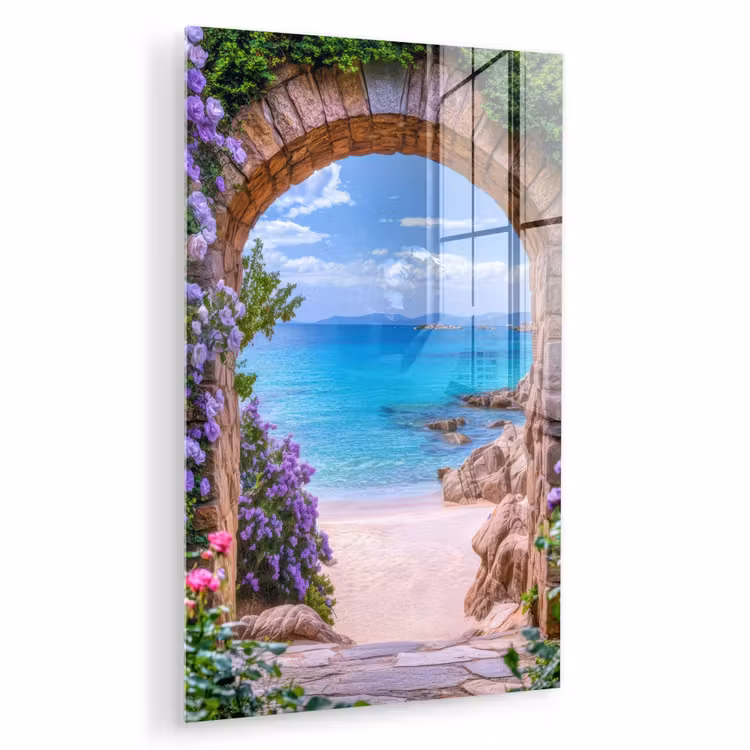 Glas schilderij - Doorkijk - Poort - Zee - Strand - Rotsen — 1