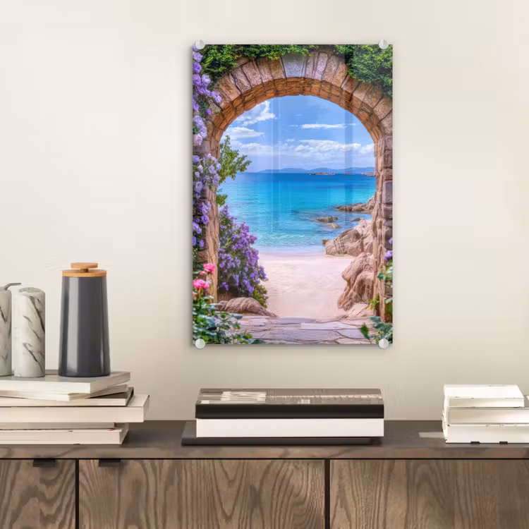 Glas schilderij - Doorkijk - Poort - Zee - Strand - Rotsen — 2