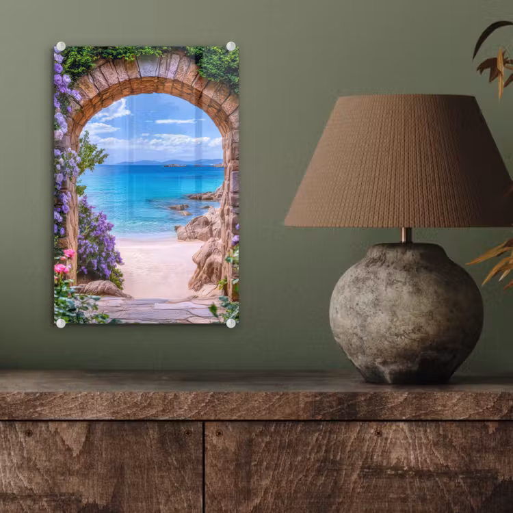 Glas schilderij - Doorkijk - Poort - Zee - Strand - Rotsen — 4