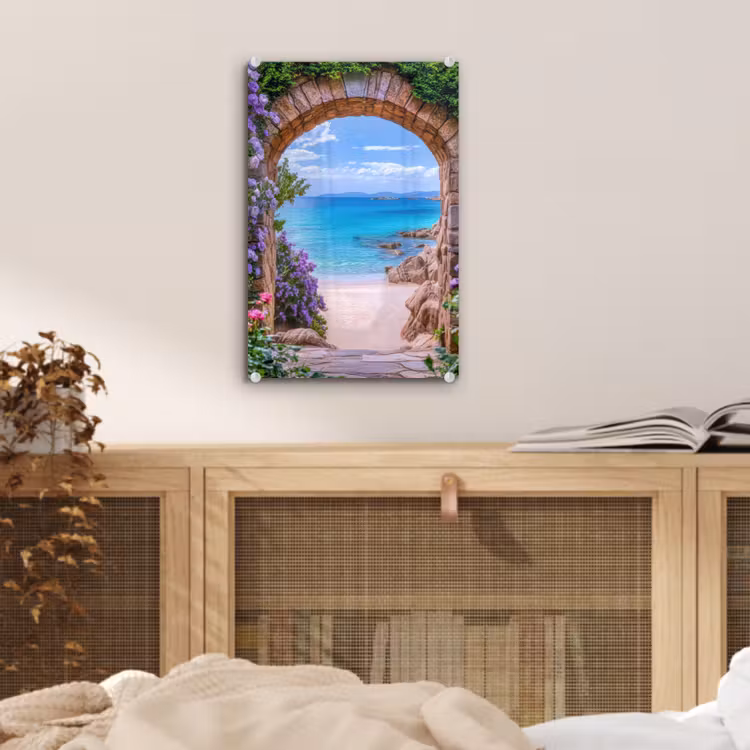 Glas schilderij - Doorkijk - Poort - Zee - Strand - Rotsen — 5