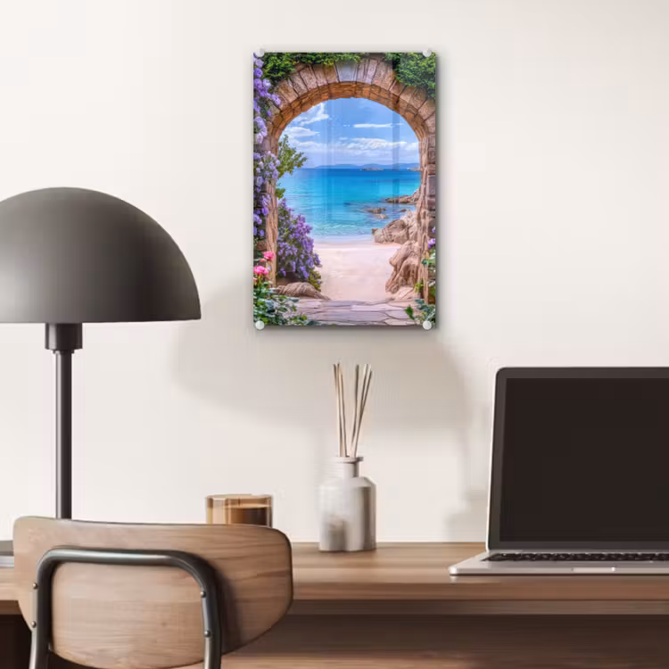 Glas schilderij - Doorkijk - Poort - Zee - Strand - Rotsen — 7