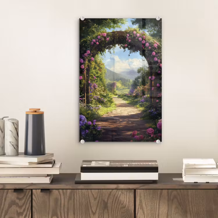 Glas schilderij - Doorkijk - Rozenboog - Uitzicht - Landschap - Bloemen — 2