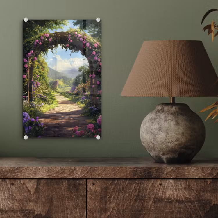 Glas schilderij - Doorkijk - Rozenboog - Uitzicht - Landschap - Bloemen — 4