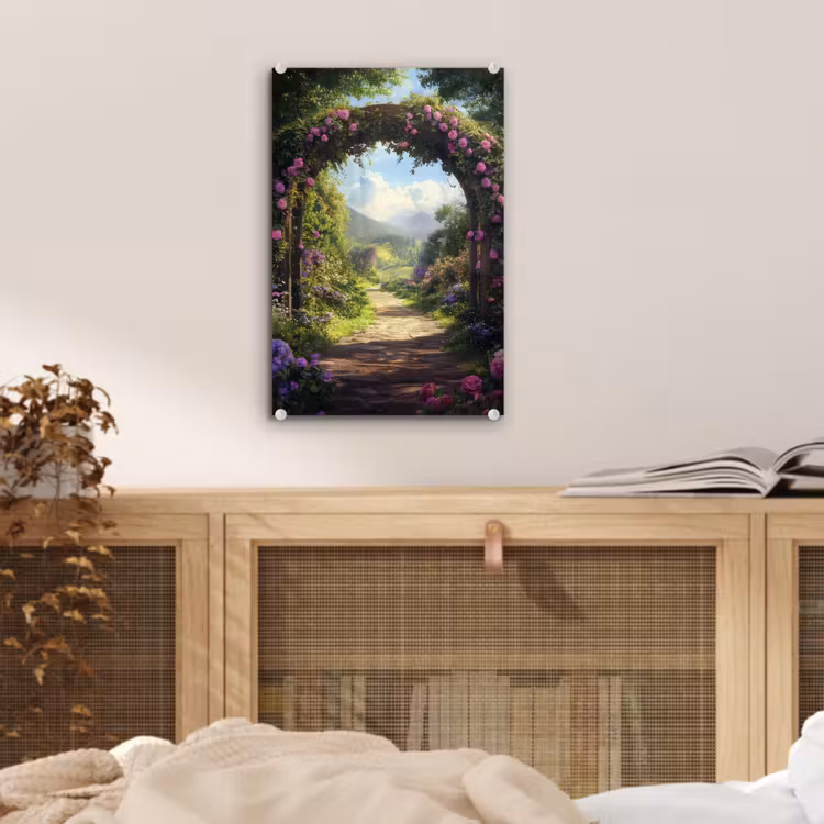 Glas schilderij - Doorkijk - Rozenboog - Uitzicht - Landschap - Bloemen — 5