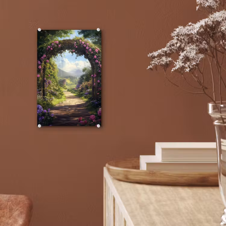 Glas schilderij - Doorkijk - Rozenboog - Uitzicht - Landschap - Bloemen — 6