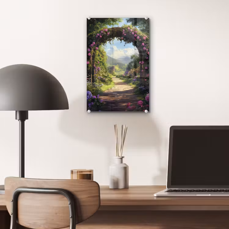Glas schilderij - Doorkijk - Rozenboog - Uitzicht - Landschap - Bloemen — 7