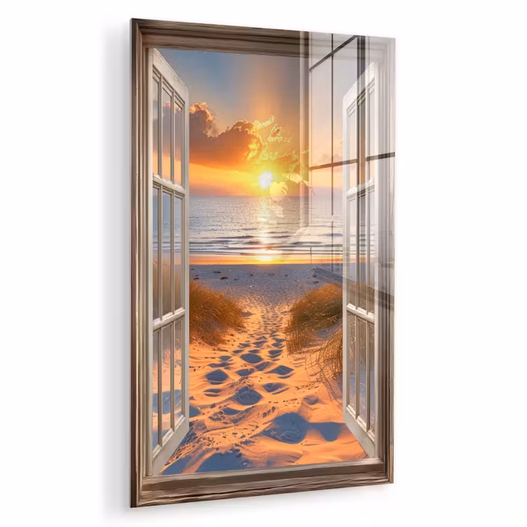 Glas schilderij - Doorkijk - Strand - Duinen - Zonsondergang — 1