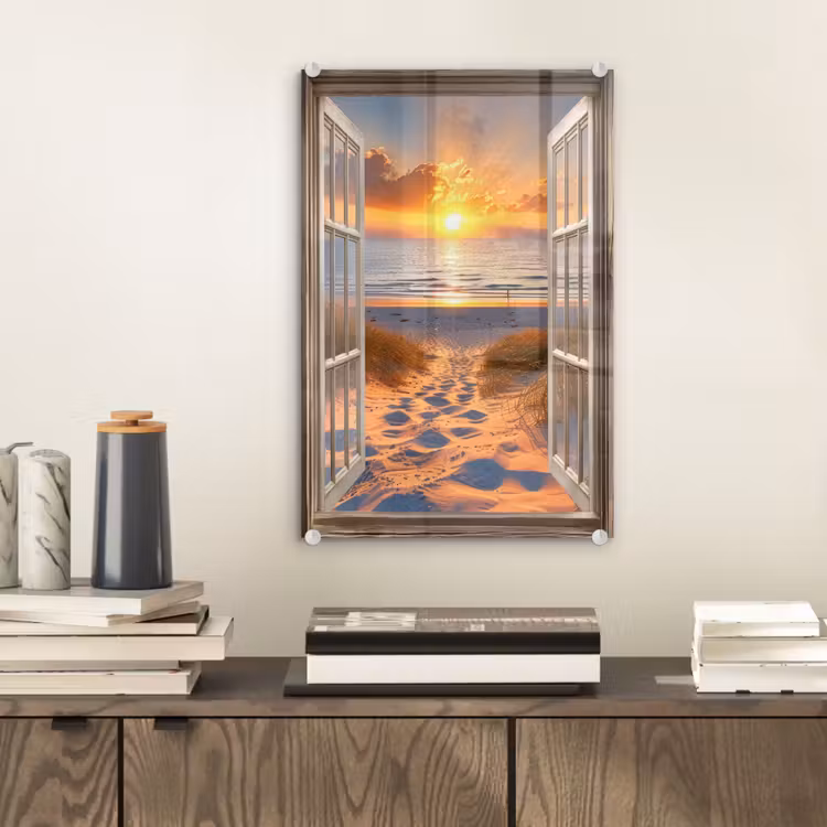 Glas schilderij - Doorkijk - Strand - Duinen - Zonsondergang — 2