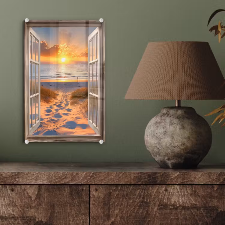 Glas schilderij - Doorkijk - Strand - Duinen - Zonsondergang — 4