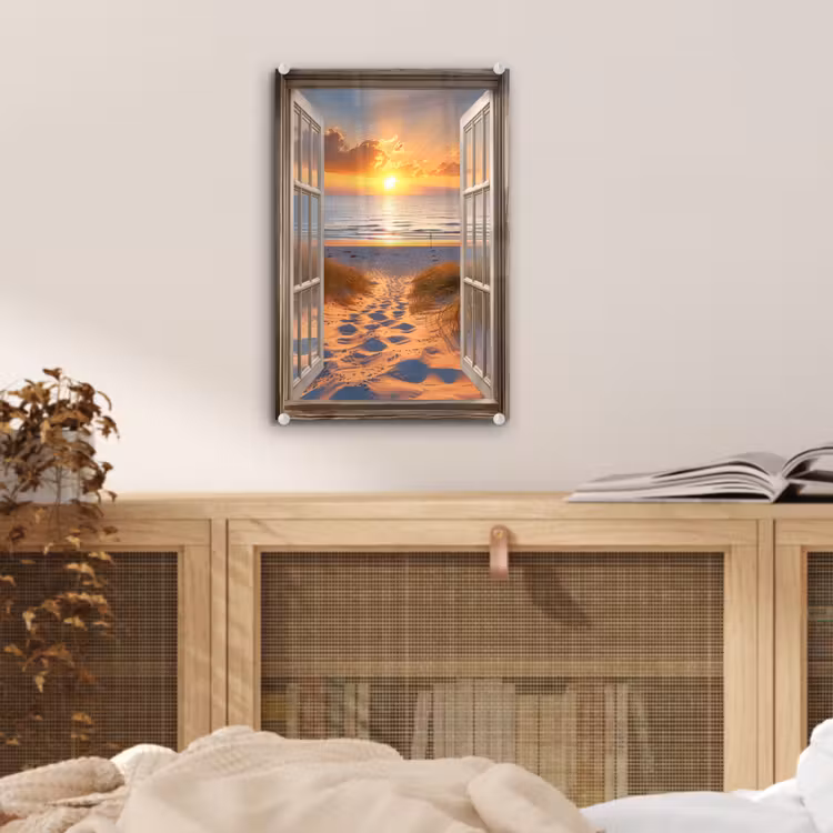 Glas schilderij - Doorkijk - Strand - Duinen - Zonsondergang — 5