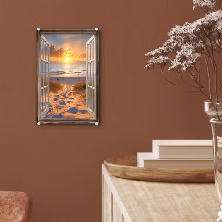 Glas schilderij - Doorkijk - Strand - Duinen - Zonsondergang — 6